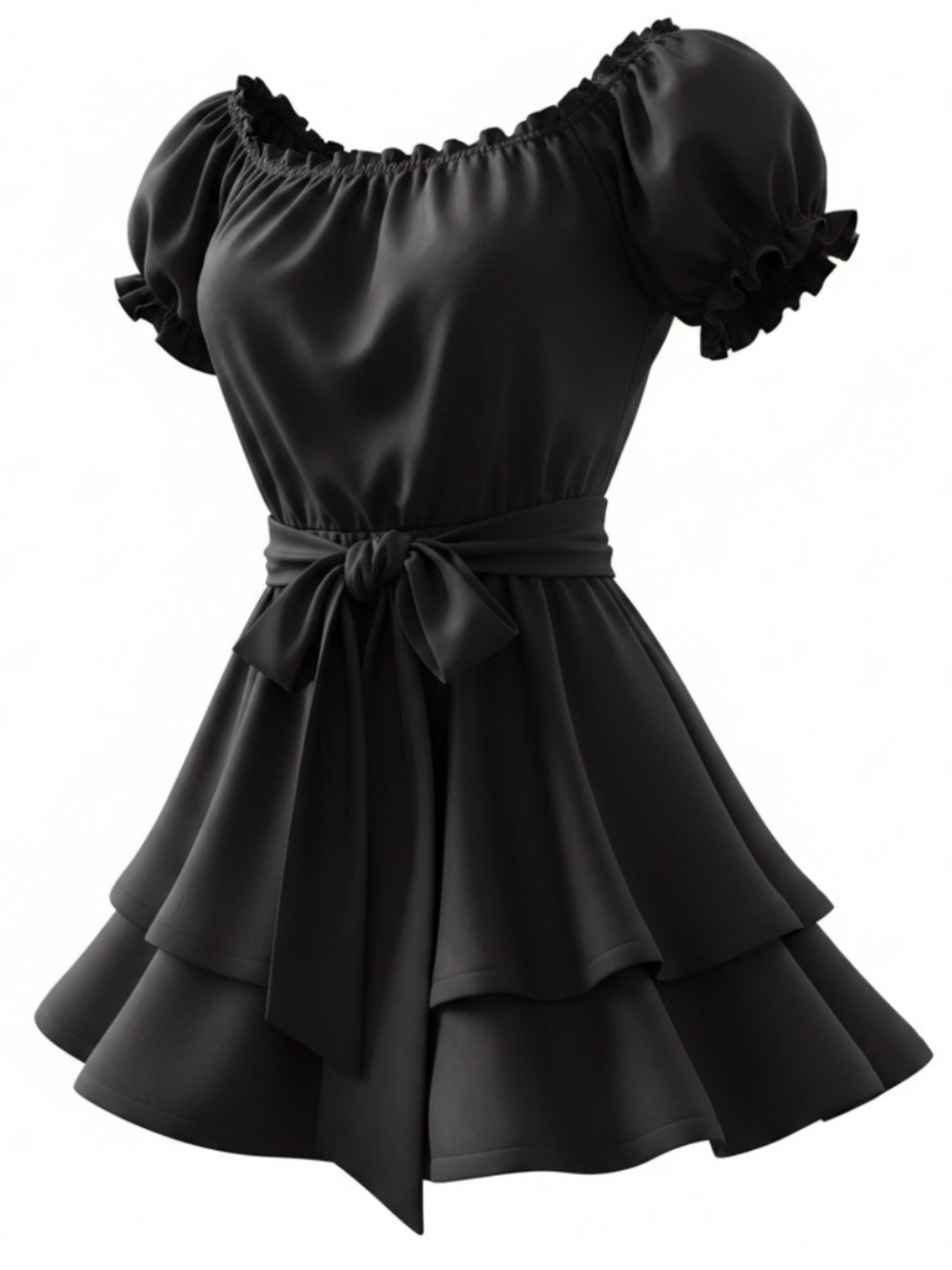 Classic Black Puff-Sleeve Tiered Dress with Waist Tie